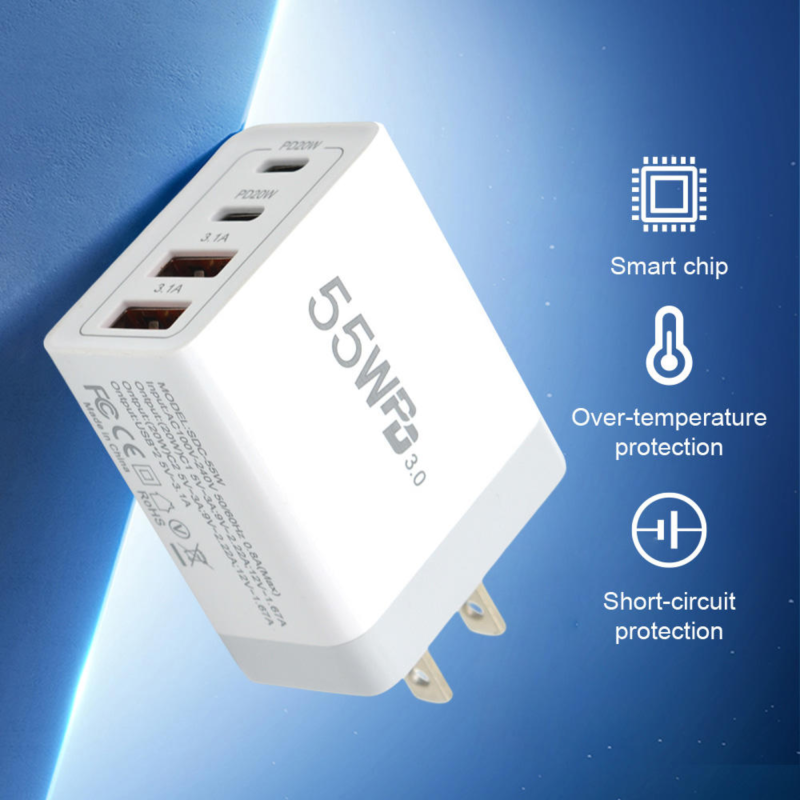 USB C Charger Block, Oyai 55W Type C Charger Fast Charging, 4-Port USB Wall Charger Multiport Type C Charging Block for iPhone 17/16/15/14/13/12/11 Pro Max XS, iPad, Samsung -White